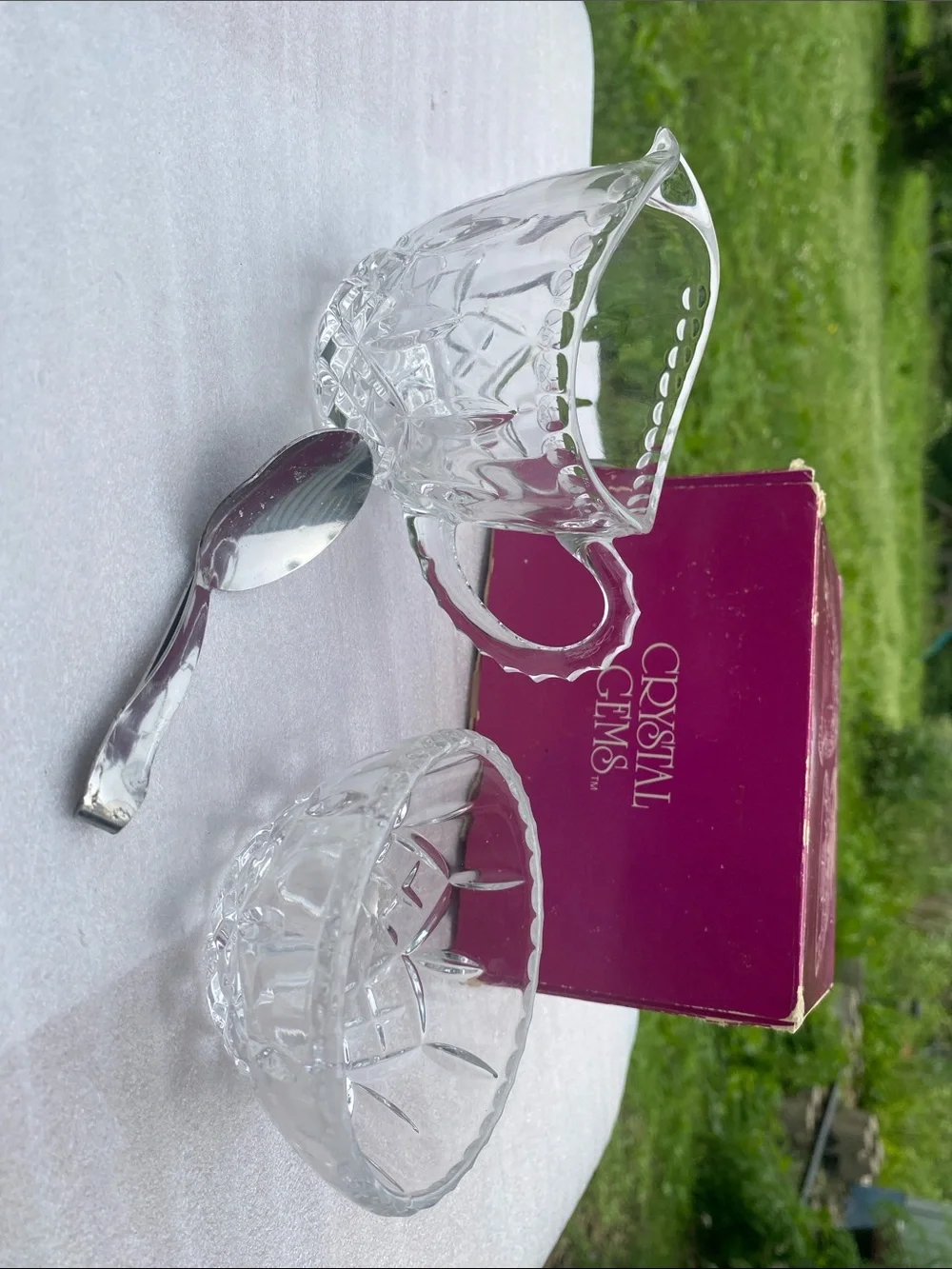 Crystal Gems 24% Lead Crystal Creamer Sugar Bowl Serving Spoon Original Box 1970